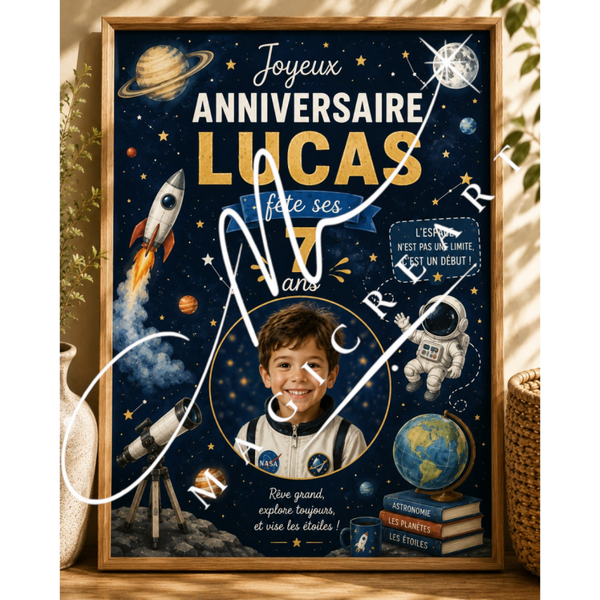 Cadre anniversaire Espace Lucas – Fusée & astronaute