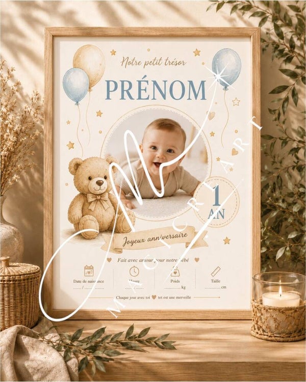 Cadre Notre petit trésor – Ourson bleu & 1 an
