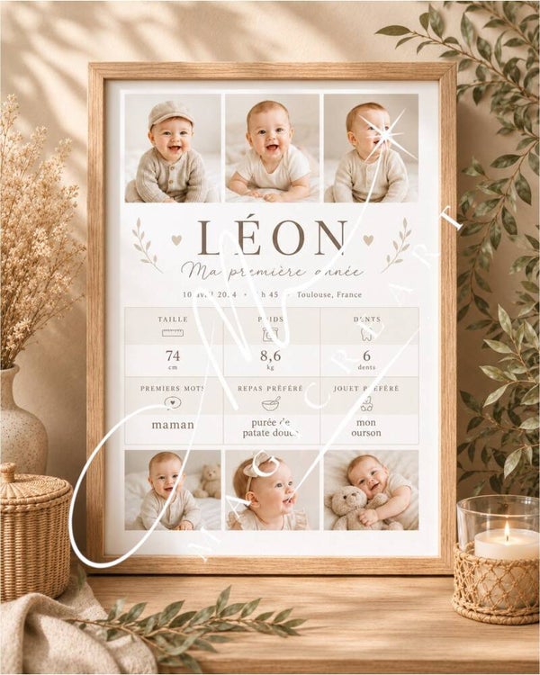 Cadre Ma première année – Minimaliste & souvenirs bébé