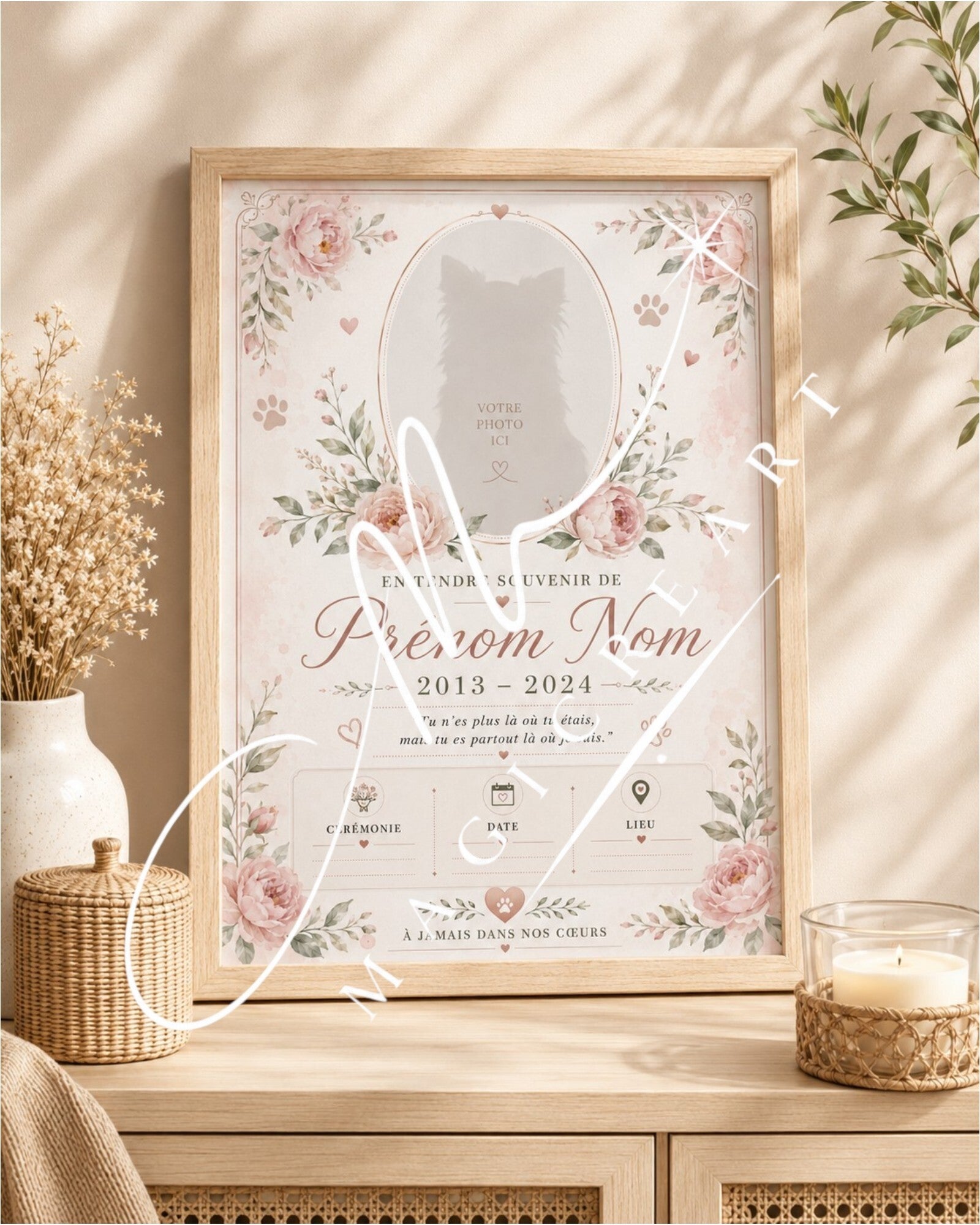 Cadre souvenir animal – Fleurs roses & douceur éternelle