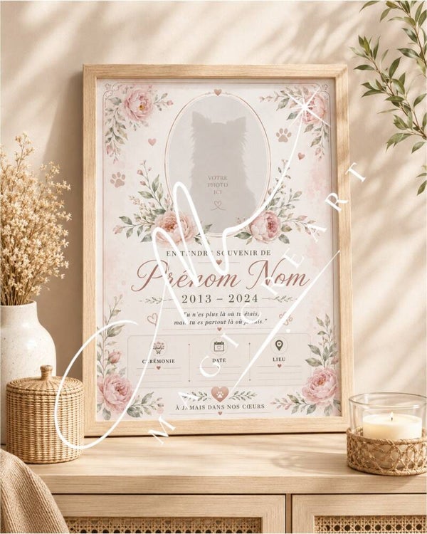 Cadre souvenir animal – Fleurs roses & douceur éternelle