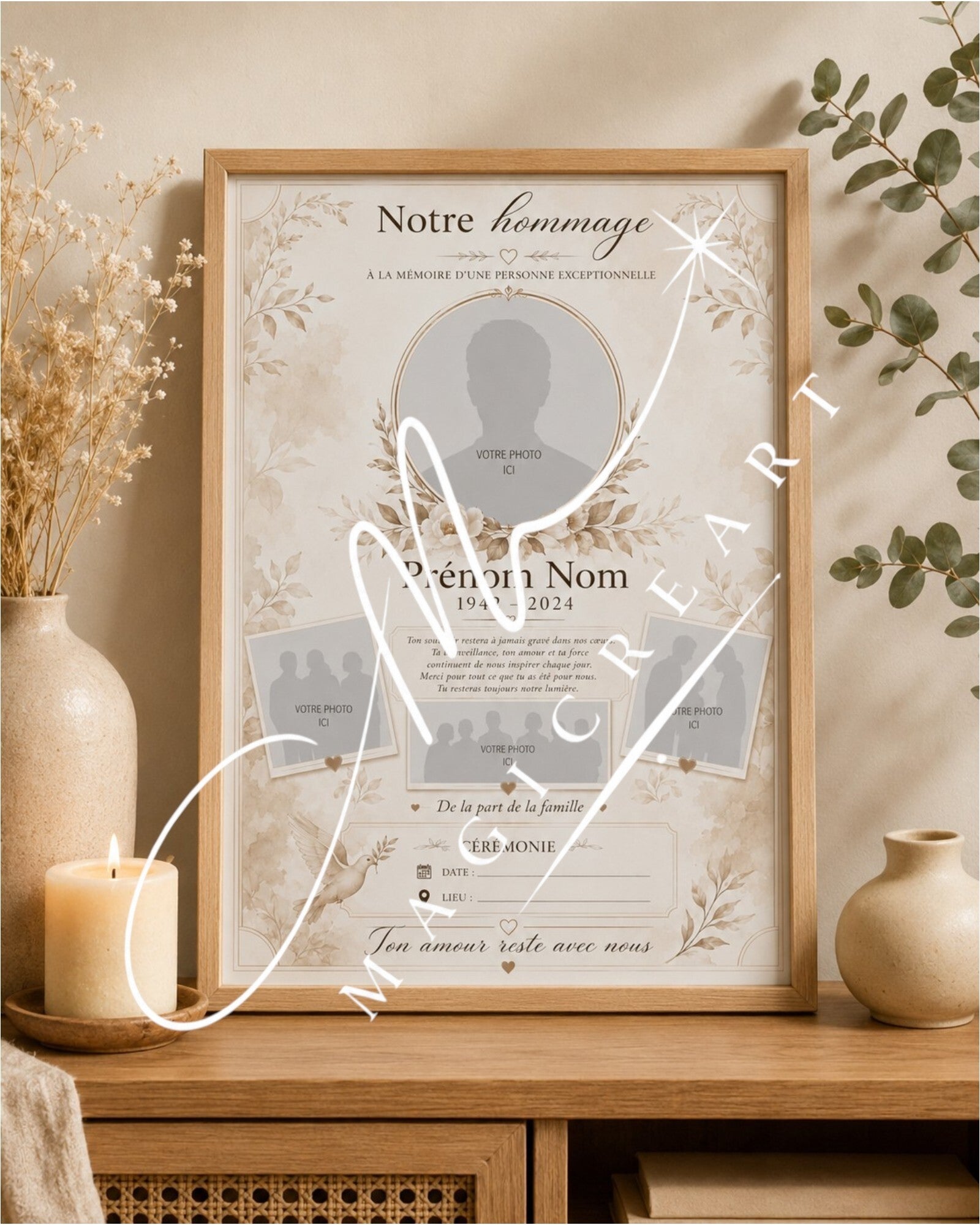 Cadre Notre hommage – Souvenir familial beige & doré