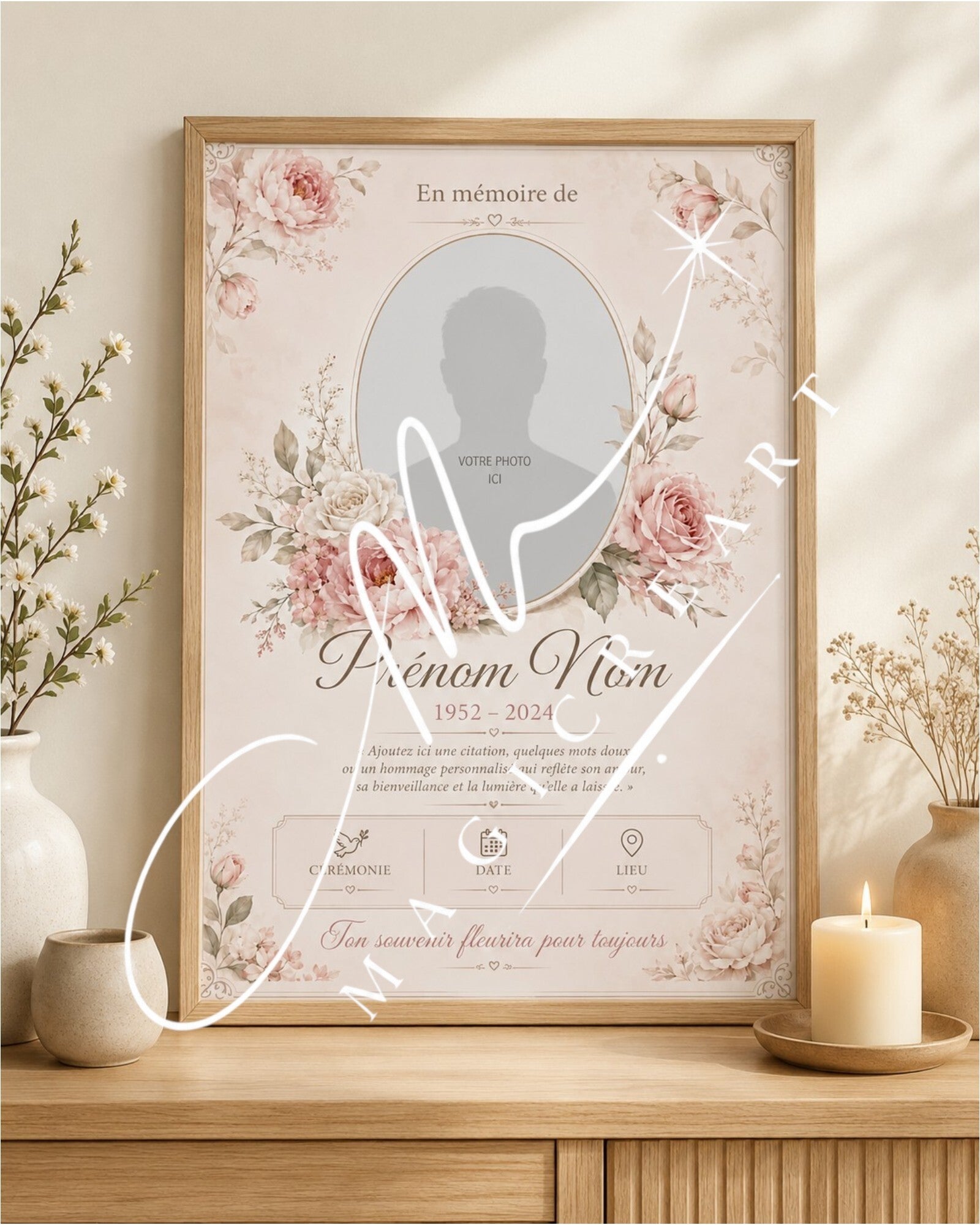 Cadre En mémoire de – Fleurs roses & douceur éternelle