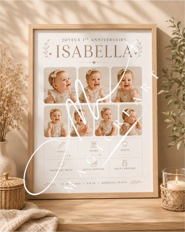 Cadre Joyeux Isabella 1er anniversaire – photo minimaliste