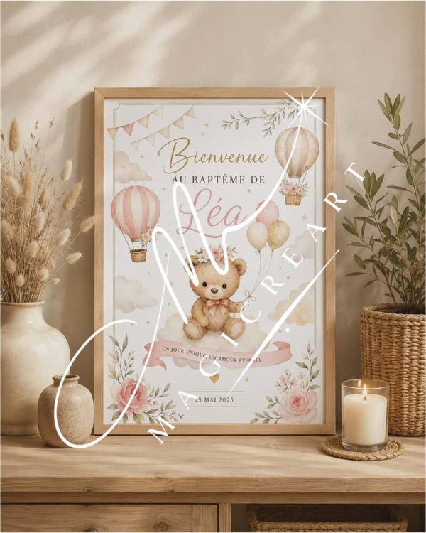 Bienvenue au baptême de Léa – Ourson & montgolfières roses