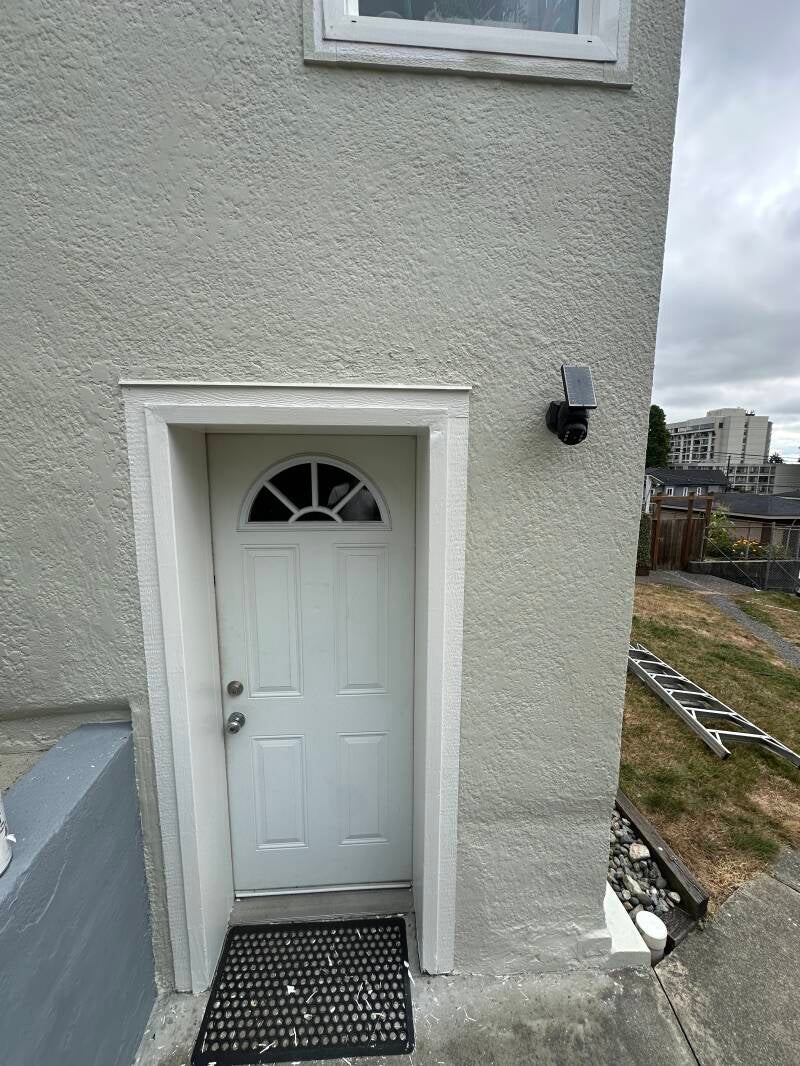 rotten door frame fixed, prime, sand and scrape all the loose paint before painting