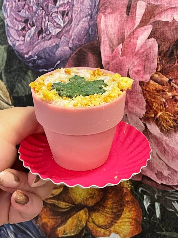 Bloempotje bosvruchten baverois en vanille cake