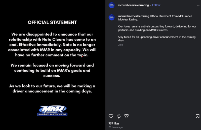 MMR's instagram post announcing they have ended Cicero's contract