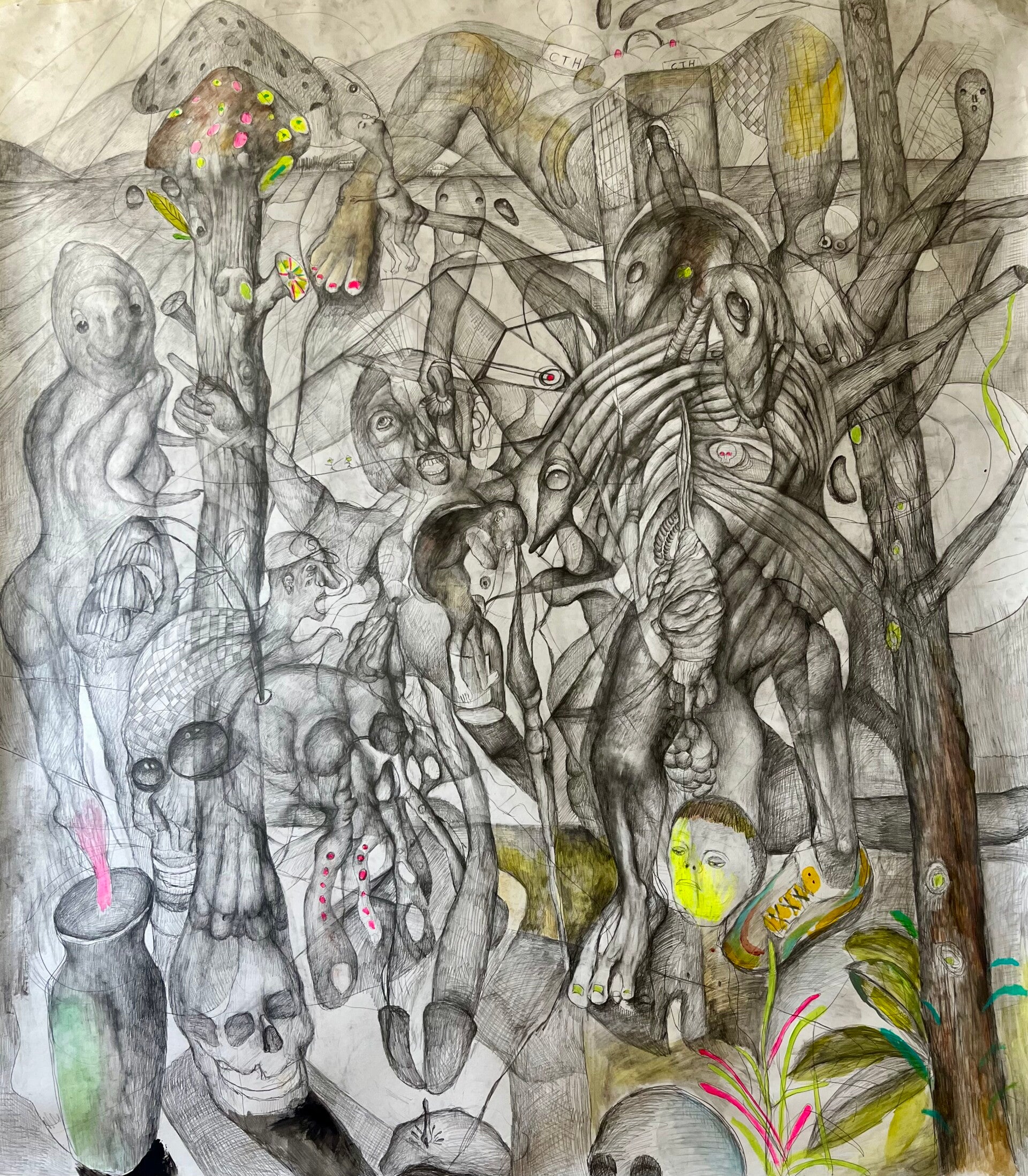 A Dream Blooming in the Darkness, Black pencil and watercolor, 135 × 150 cm