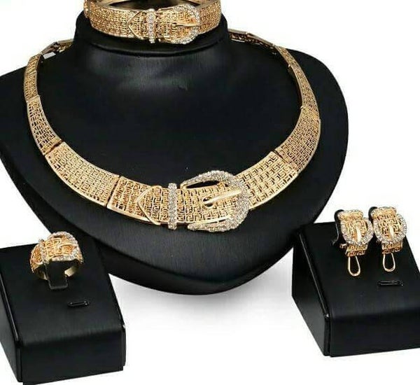 MzSucc3zz Women Belt Shape Wide Chain Gold Bling Crystal Necklace Set