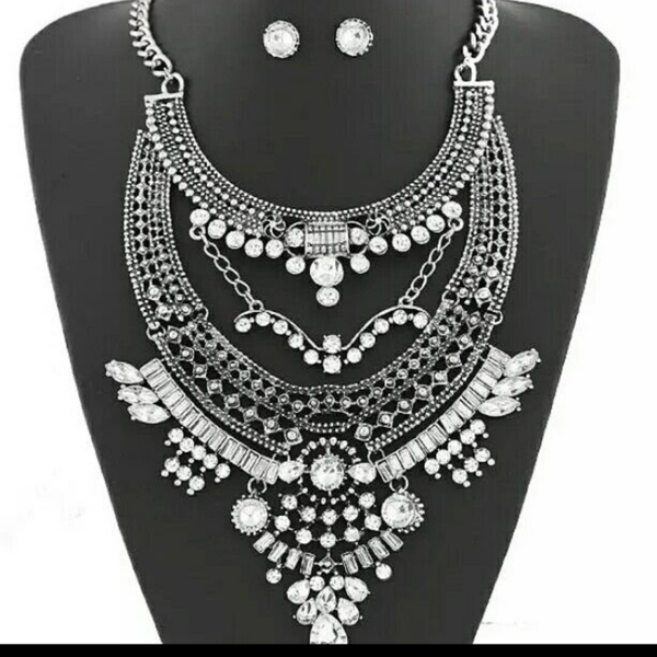 MzSucc3zz Women's Bohemian Turkish Big Choker Cluster Rhinestones Statement Silver Necklace