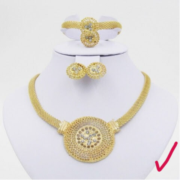 MzSucc3zz Ladies Dubai Hollow Rh Crystal Wedding Bijoux Yellow Gold Bangle, Earrings ,Necklace, Ring Set