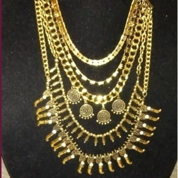 MzSucc3zz Women Bohemian tiered layered coin tassels ethnic gold tone statement bib necklace