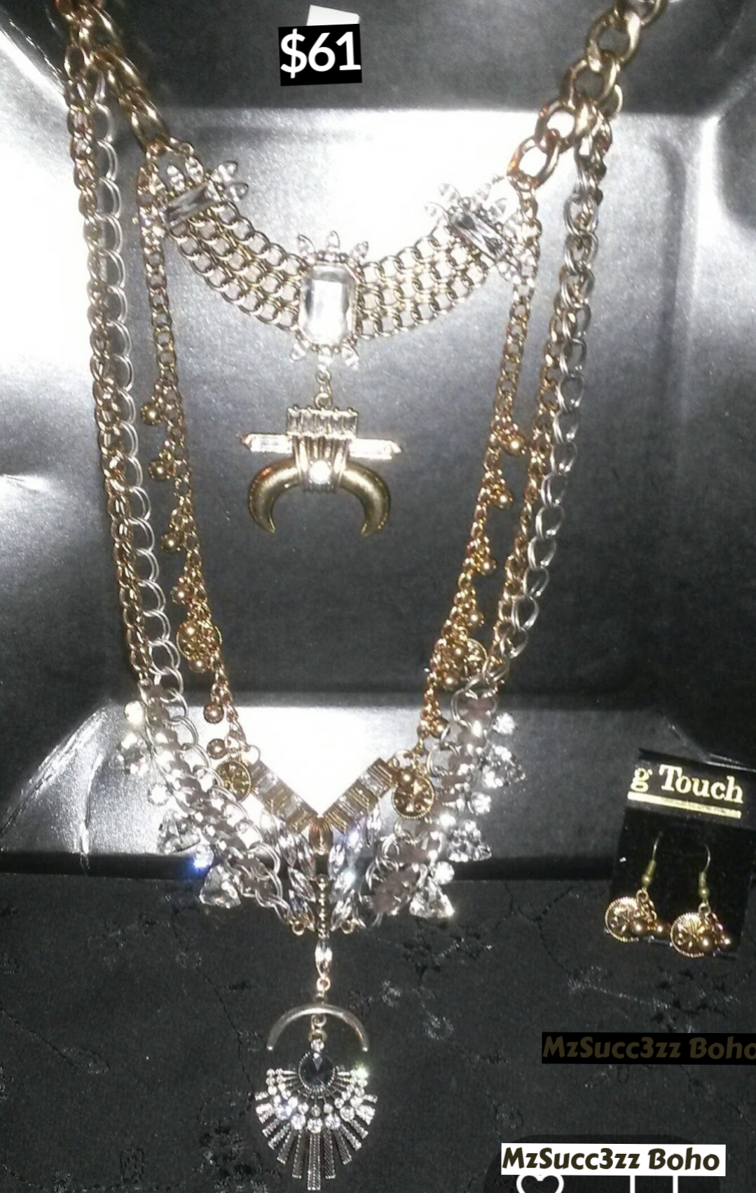 MzSucc3zz Bohemian Multi-Layered Rhinestone w/ Horn / Moon Goldtone Necklace Her