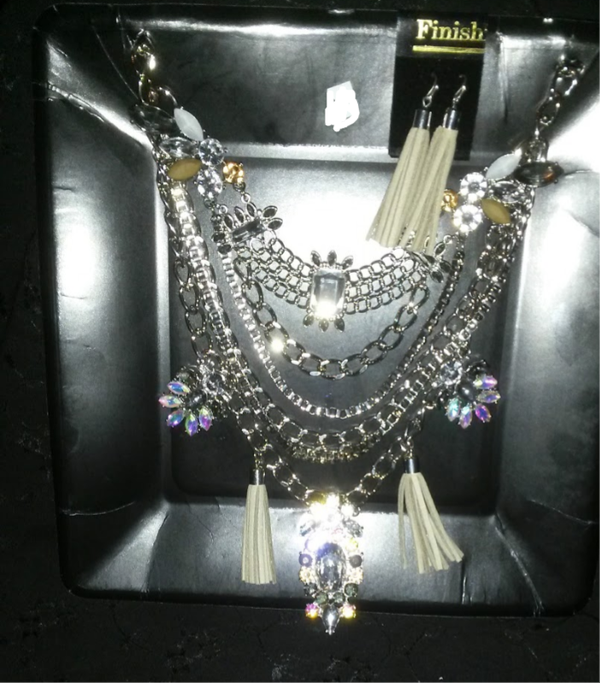 MzSucc3zz Ladies Multi-Layered Chandelier Cluster Rhinestone Crystal with Faux suede Tassel Drops Necklace