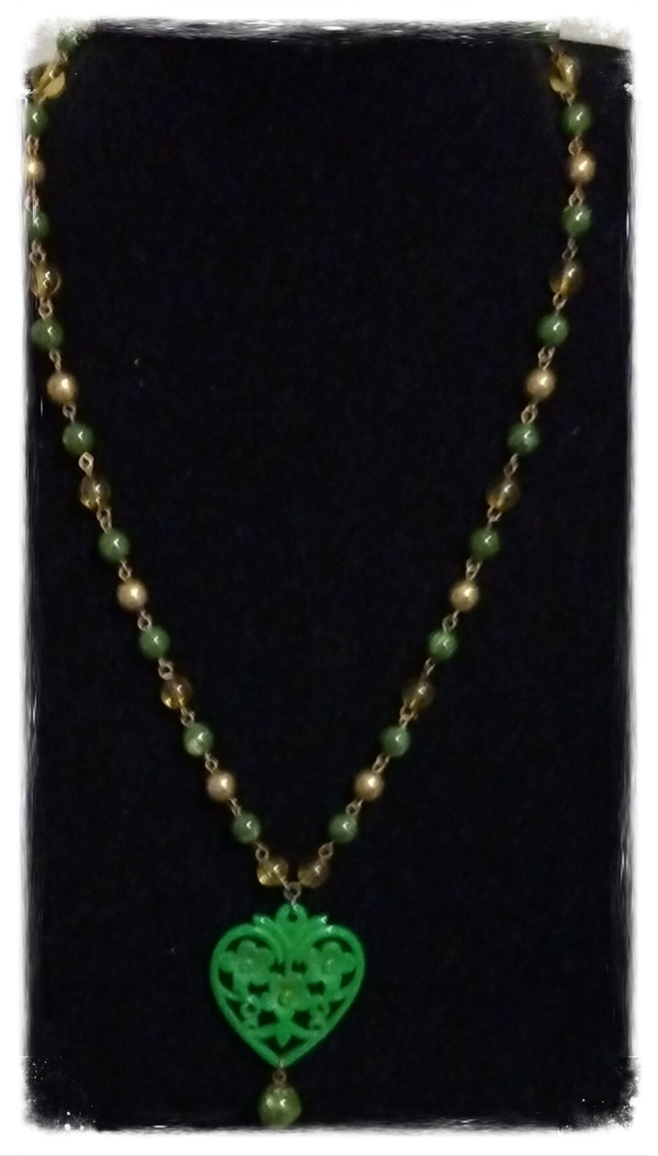 MzSucc3zz Openwork Floral Filigree Green Resin, Beaded Station Necklace