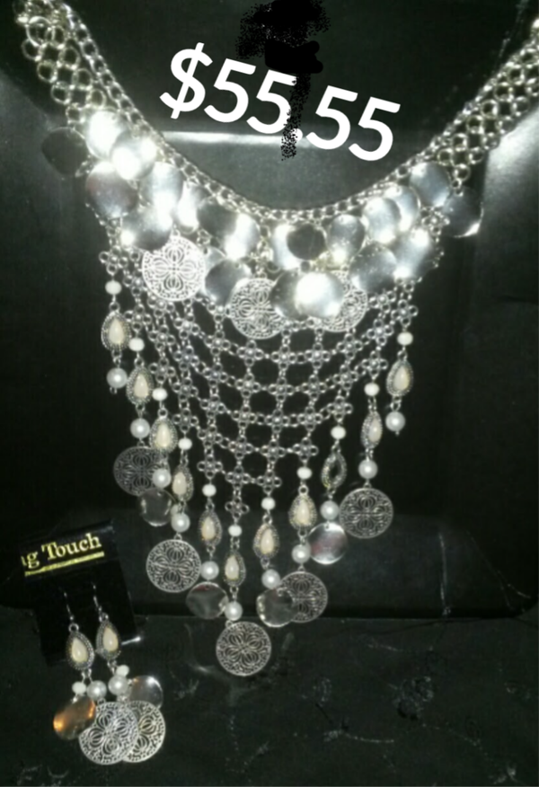 MzSucc3zz Boho Silver & Pink Coin Tassel Statement Necklace Set