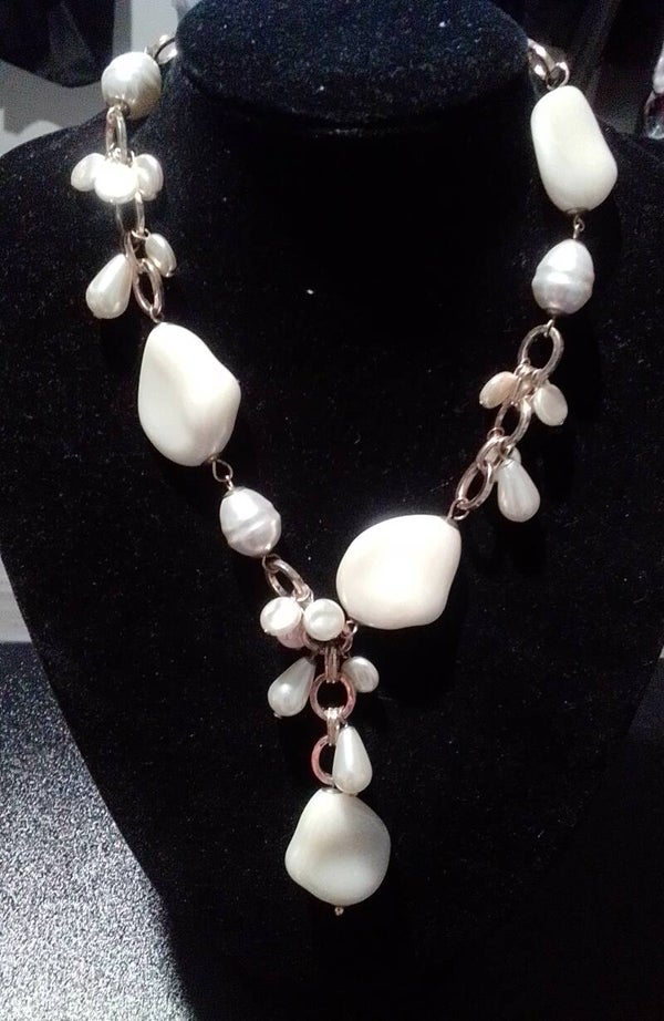 MzSucc3zz Pearl Clusters Silver White Chain Link Statement Necklace