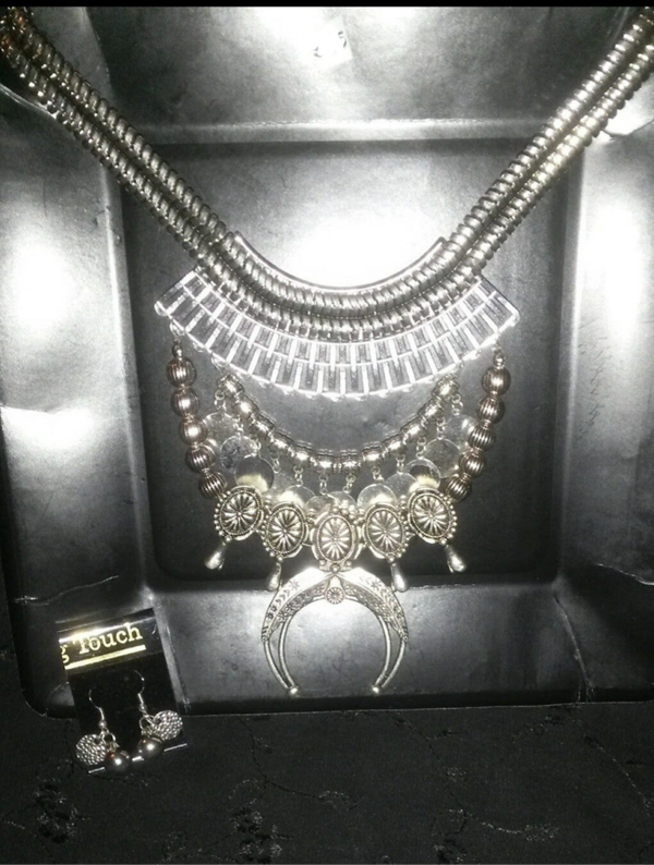 MzSucc3zz Bohemian Multilayered Silver Coin Elements Half Moon Shape Statement Necklace