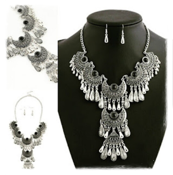 MzSucc3zz Boho Layered Tiered Silver Statement Necklace Set