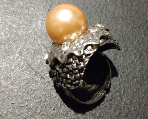 MzSucc3zz Champagne Faux Pearl Bead Silver Tone Brass Adjustable Ring