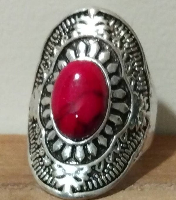 MzSucc3zz Unisex Turquoise Red Gemstone Textured Design Silver Ring