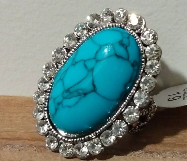 MzSucc3zz Ladies Turquoise Cocktail Crystal Stones Sparkle Ring Size 19