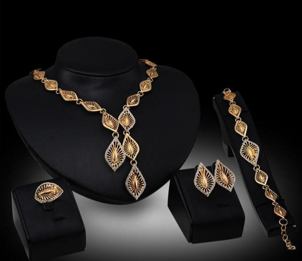 MzSucc3zz Ladies Hollow Out Leaves Pendant Crystal Diamond Cocktail Gold Plated Necklace 4Pcs Set