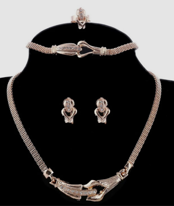 MzSucc3zz Women Dubai Crystal Pendant Gold Plated Elegant Earrings Ring Bride Necklace 4Pcs Set