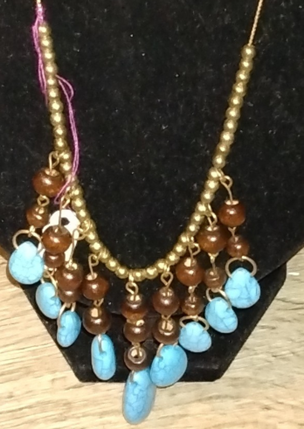 MzSucc3zz Ladies Fringe Turquoise Necklace/Blue Teardrop Brown & Gold Beads