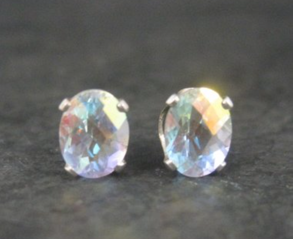 MzSucc3zz Women Earrings Rainbow AB Glass Stone Black Oval Shape Stone Crystal Post Back