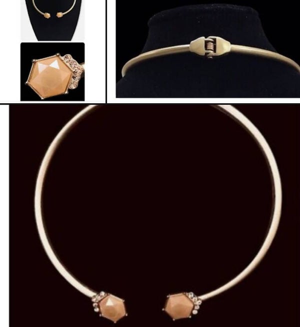 MzSucc3zz Women Peach & Apricot Gold-toned Crystal Rhinestone Hexagonal Choker Necklace