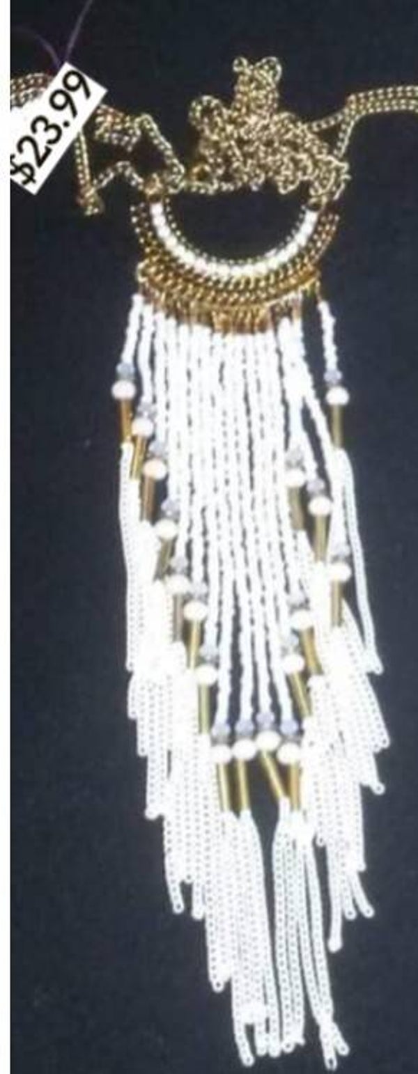 MzSucc3zz Women White and Gold Boho-style Crescent Bib Statement Fringe Necklace.