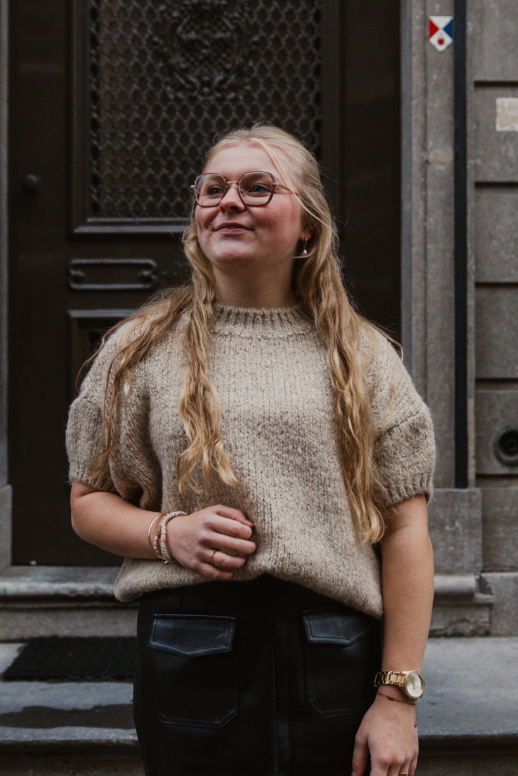 Gebruide trui beige I Goud lurex draadje