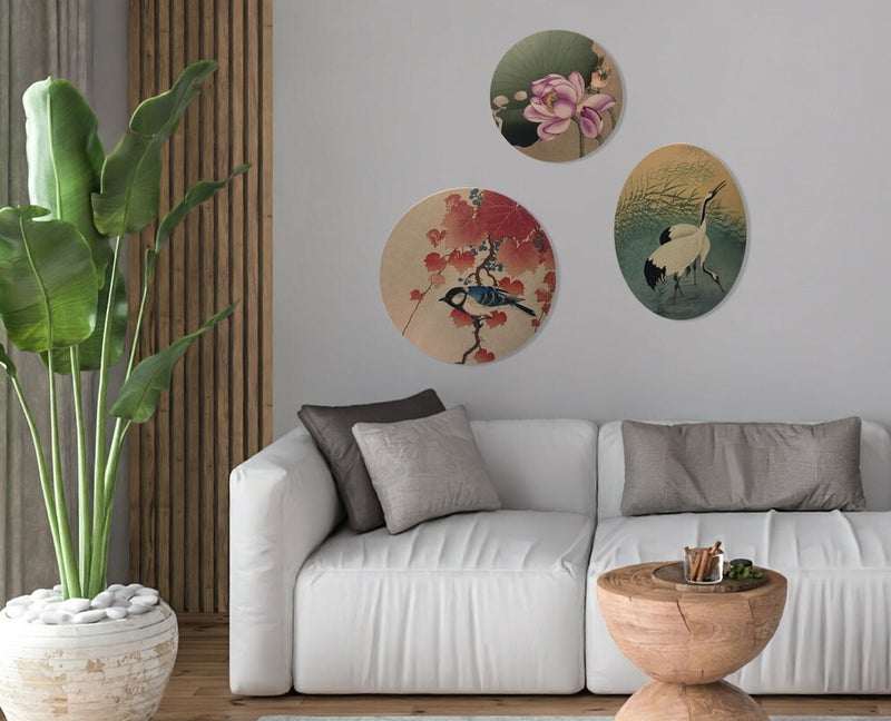 Interieur met natuur muurcirkels van vogels en bloemen in Japanse stijl