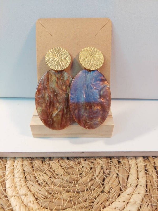 Oorbellen rvs goud met bruine hanger met glitters
