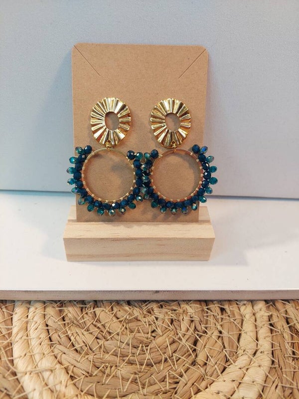 Oorbellen rvs goud met groen blauwe kralen