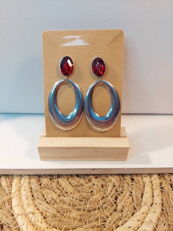 Oorbellen rvs rood met zilveren hanger