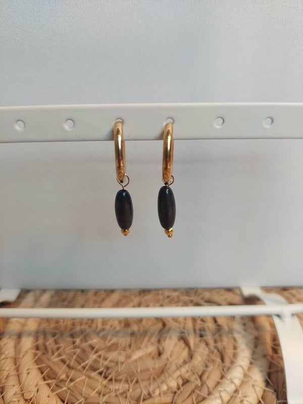 Oorringen rvs goudkleurig met donker groene hanger