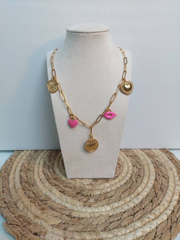 Schakelketting rvs goudkleurig en roze