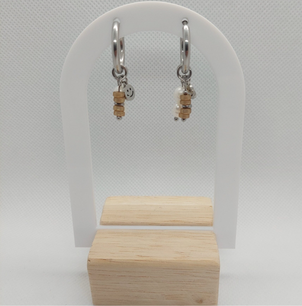 Oorringen rvs zilverkleurig beige bruin
