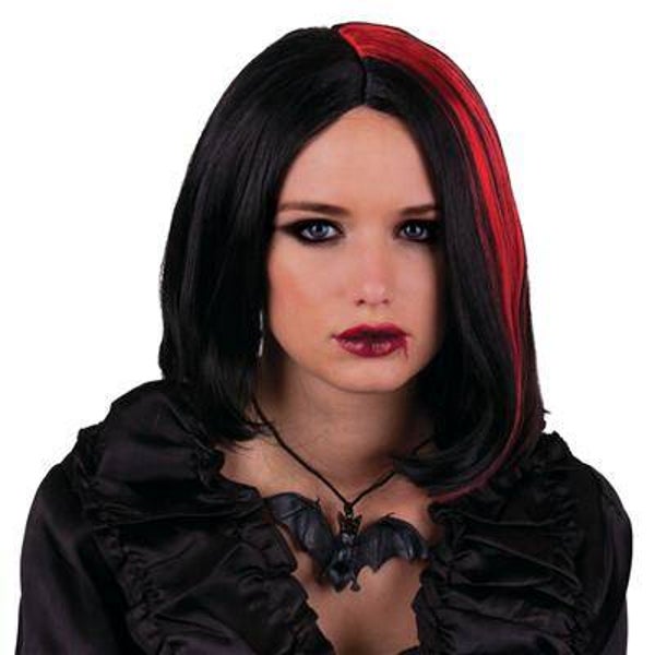 Perruque vampire noire avec mèches rouges