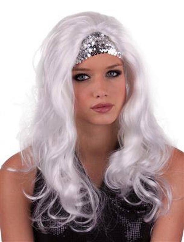 Perruque go go blanche avec bandeau argenté