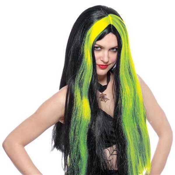Perruque sorcière noire avec frange vert