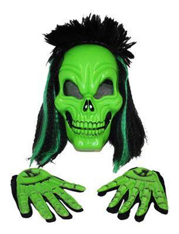 Masque crâne avec cheveux et gants