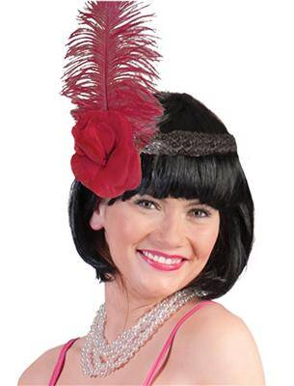 Bandeau noir avec fleure rouge et plume rouge