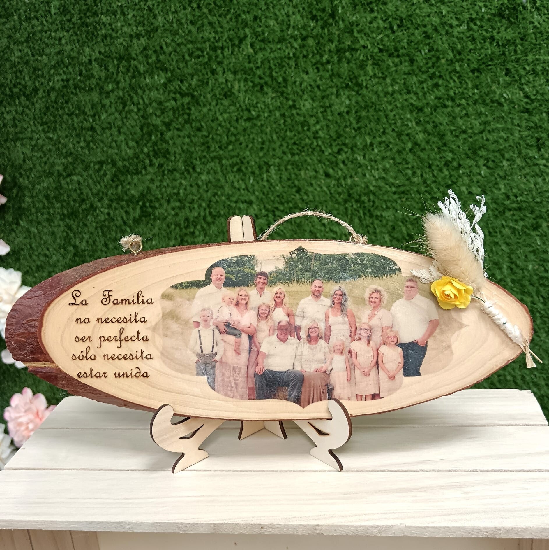 Rodaja de madera personalizada con foto y texto grabado