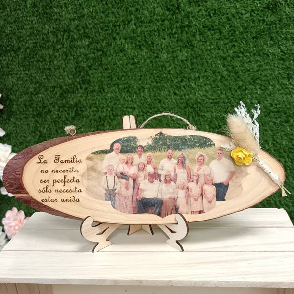 Rodaja de madera personalizada con foto y texto grabado