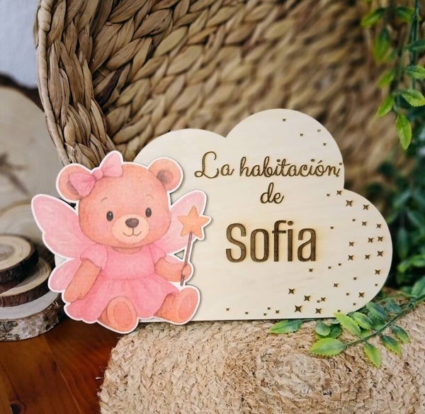 Placa de puerta infantil personalizada con nombre 🧸| Hecha a mano en Castellón
