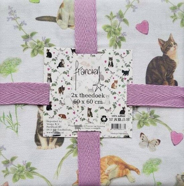 2 Theedoeken Francien Katten Lila & Mintgroen | 60x60 cm | Kattendesign
